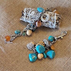 Chico's Blue and Silver Artisanal Bracelet With Matching Key Chain